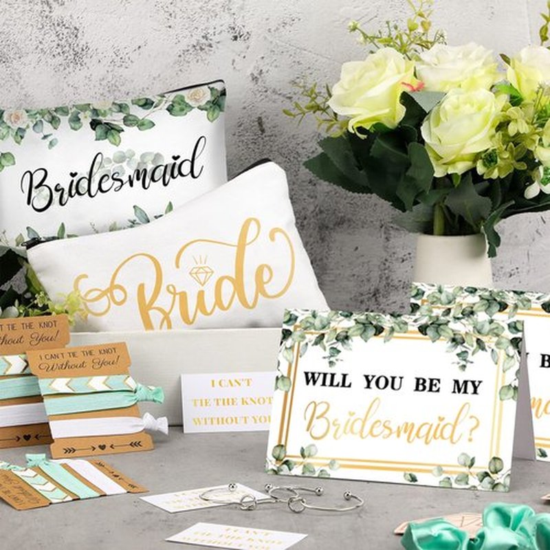 63 Pcs Bridesmaid Proposal Gifts Bulk Maid of Honor Gifts Matron of Honor Gifts Brides Bridesmaid Cosmetic Makeup Bag Hair Knotted Bracelets Invitation Cards for Wedding Bachelorette (Eucalyptus)