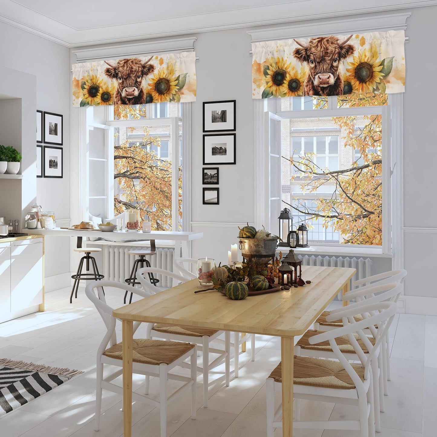 Pynnlts Watercolor Cow Sunflowers Curtains Highland Cow Window Valances Highland Yak Yellow Sunflower Kitchen Valances Farm Animal Rod Pocket Window Treatments for Living Room Bedroom 54x18 in 1 Pack
