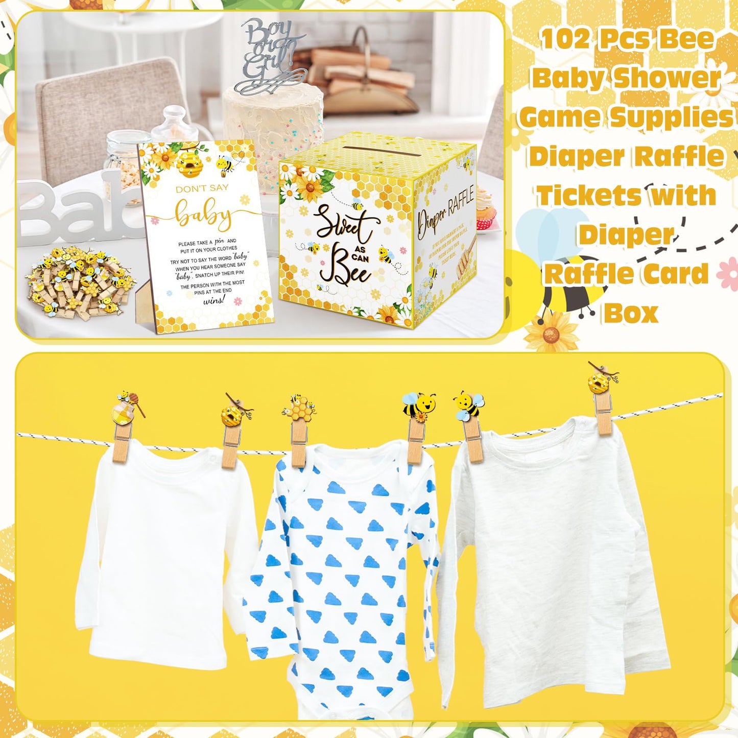 Dispowreath 102 Pcs Baby Shower Game Supplies Diaper Raffle Tickets with Diaper Raffle Card Box Don't Say Baby Sign Mini Clothespin Shower Game Decor for Gender Reveal (Bee)