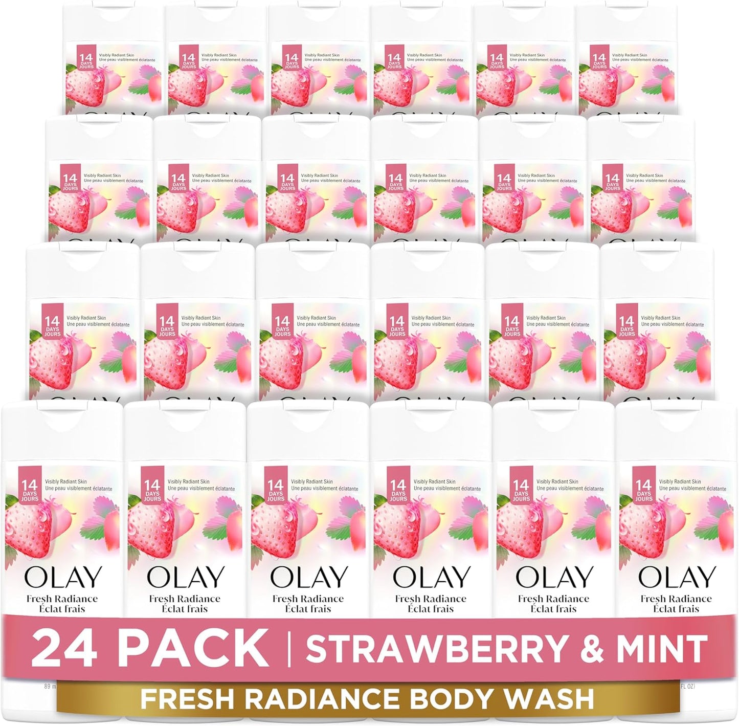 Olay Fresh Radiance Body Wash for Women - Plant-Based Cleansers, Strawberry & Mint, 3.0 fl oz (Pack of 24)