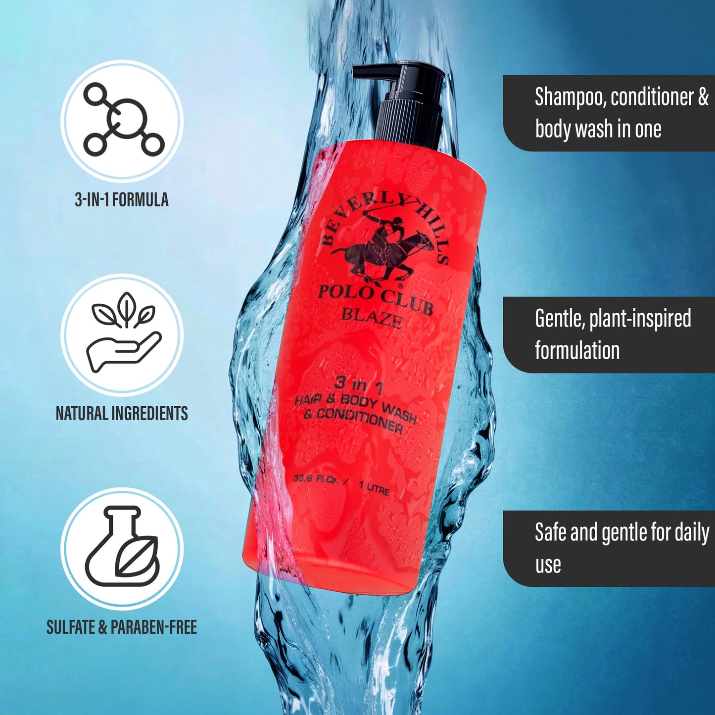 Beverly Hills Polo Club Men's 3-in-1 Shampoo Conditioner Body Wash | Blaze Scent | Premium All-Day Freshness & Invigorating Luxury Grooming | Large 33.8 fl oz Bottle