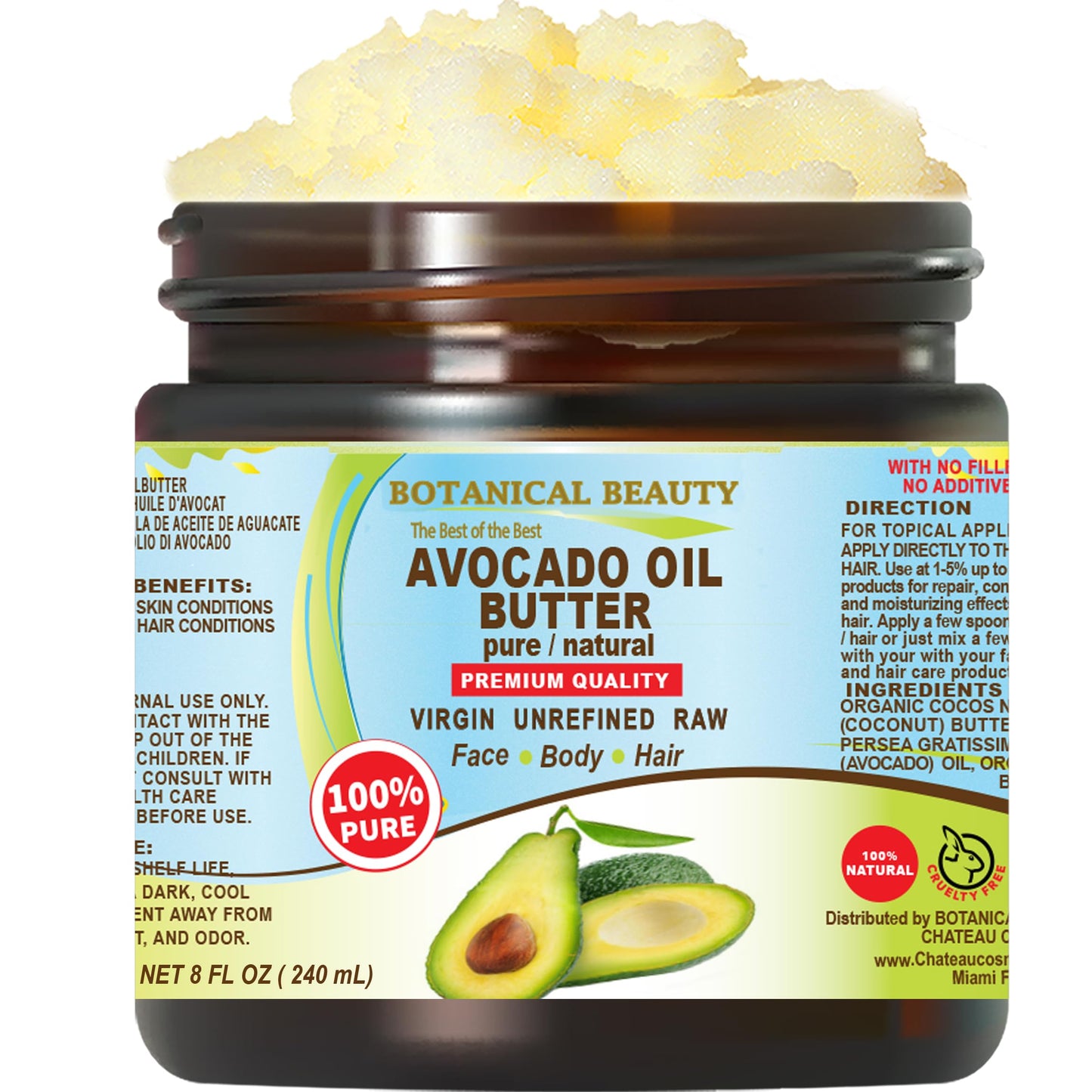 Botanical Beauty AVOCADO OIL BUTTER 100% Pure Natural VIRGIN UNREFINED Cold-Pressed for Face, Skin, Body, Hair, Lip, Nails. Rich in Vitamin E, Omega 3, Omega 6 (8 Fl Oz)