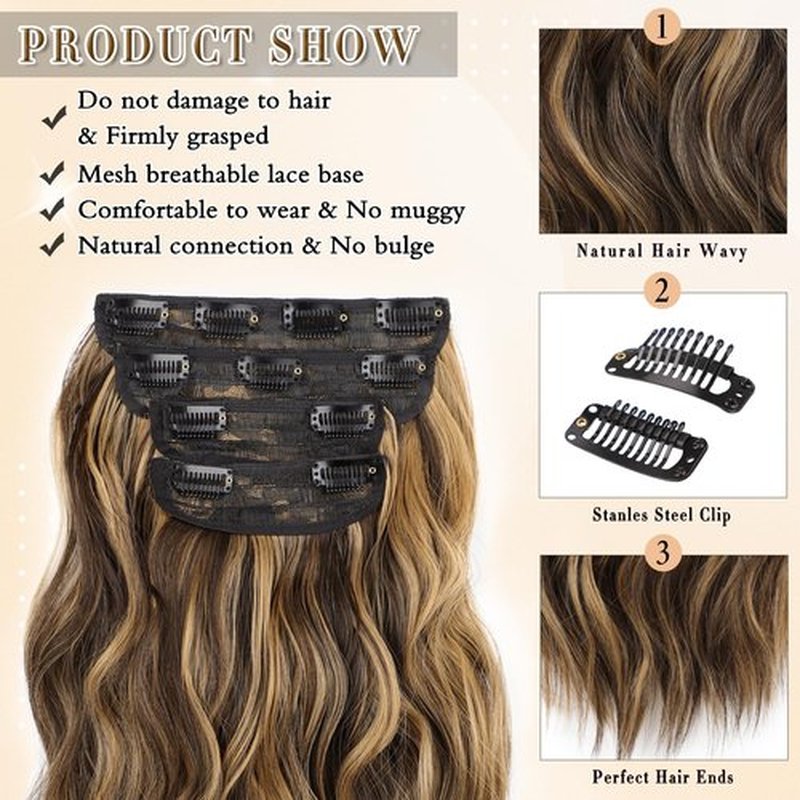 FREEMEIGE Clip in Long Wavy Synthetic Hair Extension 20 Inch Medium Brown 4PCS Thick Hairpieces Fiber Double Weft Hair for Women