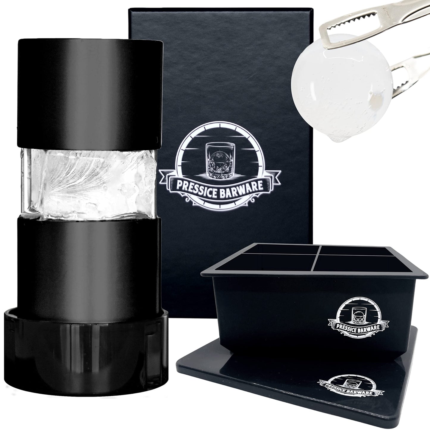 Pressice Barware Ice Ball Press – Aluminum Ice Press – Create Effortless Large Spheres – Includes Ice Tray – USA Small Business (Black Finish)