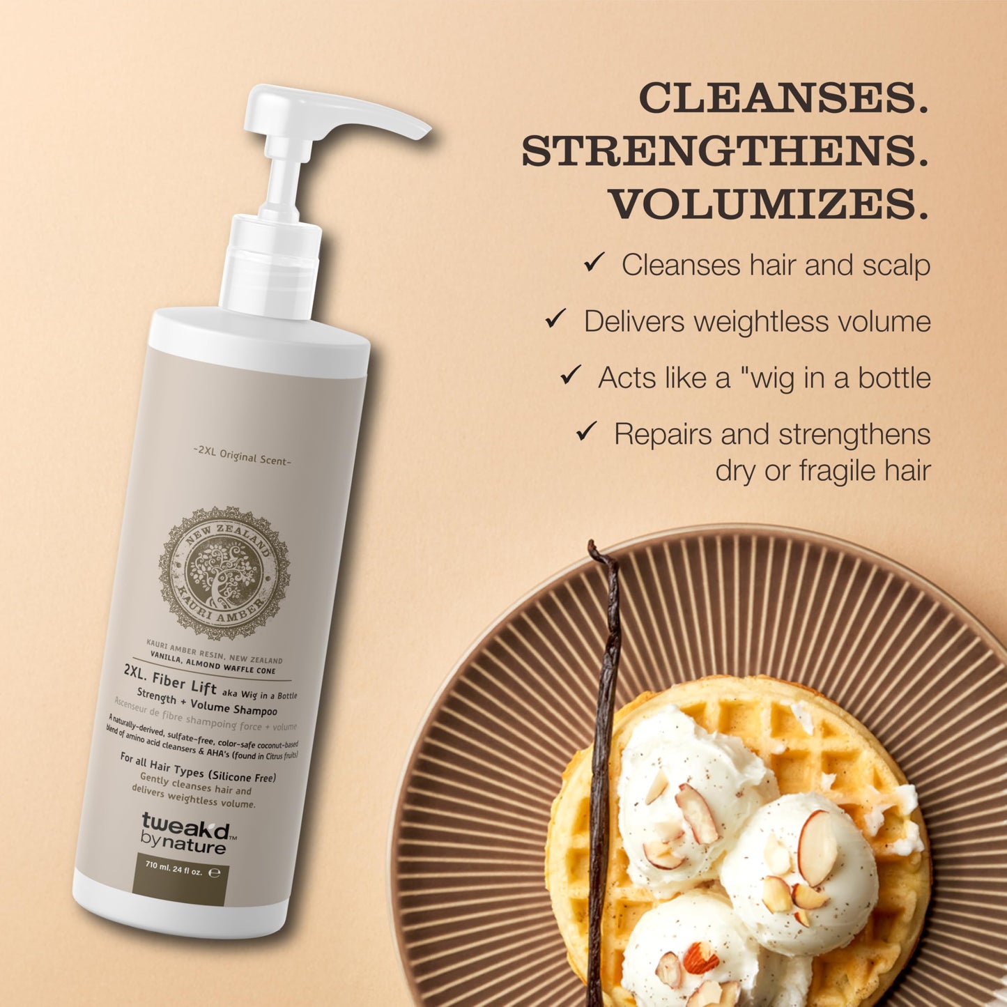 Tweak’d by Nature - 2XL Fiber Lift Strength + Volumizing Shampoo for Women, Almond and Vanilla Body Wash and Hair Shampoo, Sulfate Free, Paraben Free, Non Toxic, Vegan (Vanilla Waffle) (24oz)