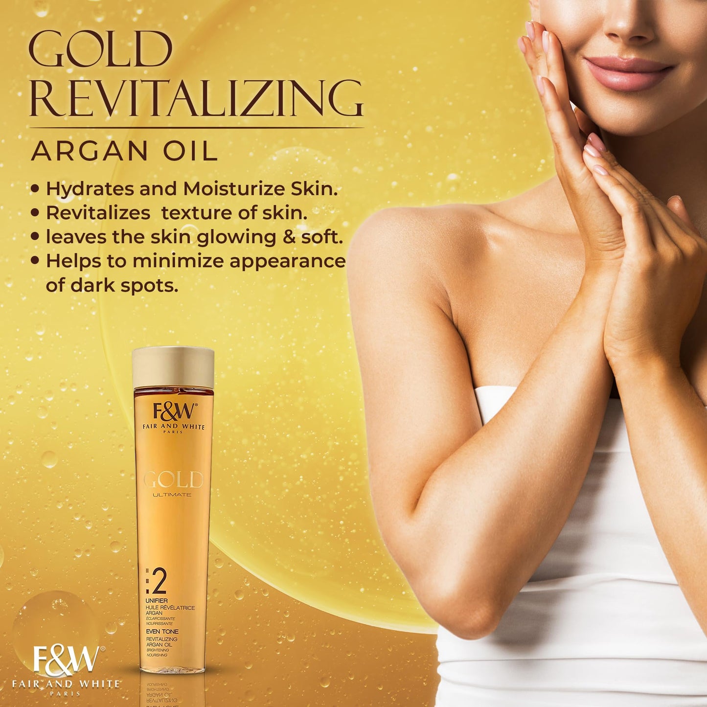 FAIR & WHITE 2: Gold Revitalizing Argan Oil - Nourishing & Brightening, Hydroquinone-Free, 200ml / 6.76fl.oz.
