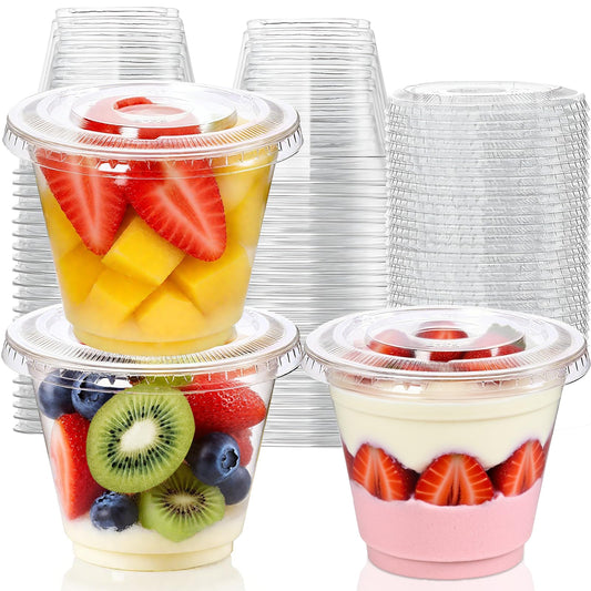 Cayxenful 50 Packs 9oz Disposable Dessert Cups with Lids No Hole, Clear Plastic Cups with Lids for Ice Cream, Cake, Snacks, Fruit, Cold Drinks, Smoothie, Pudding, Salad