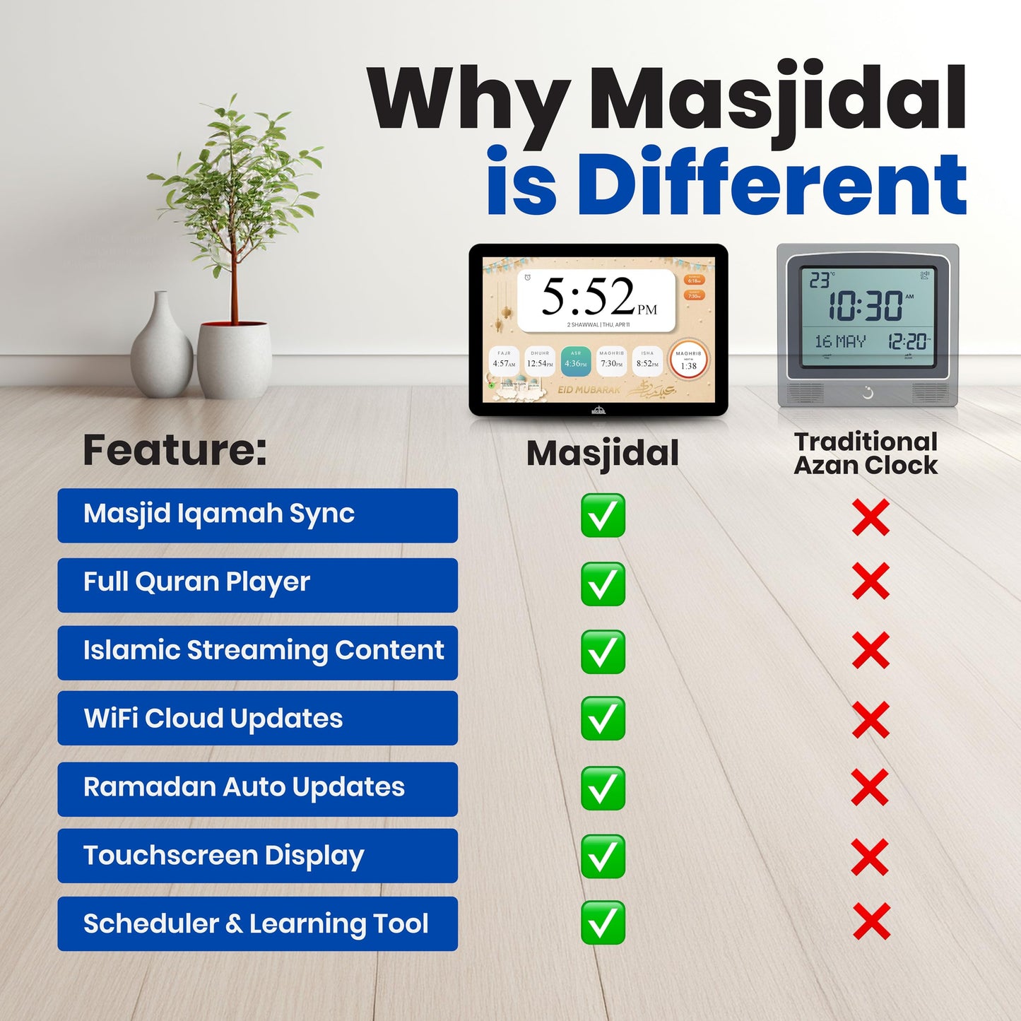Masjidal 10" Smart WiFi Digital Azan Clock & Islamic Prayer Frame – Automatic Worldwide Prayer & Iqamah Times, Full Quran Player, Athan Alarm, Ramadan Clock, Touchscreen Muslim Home Display, Black