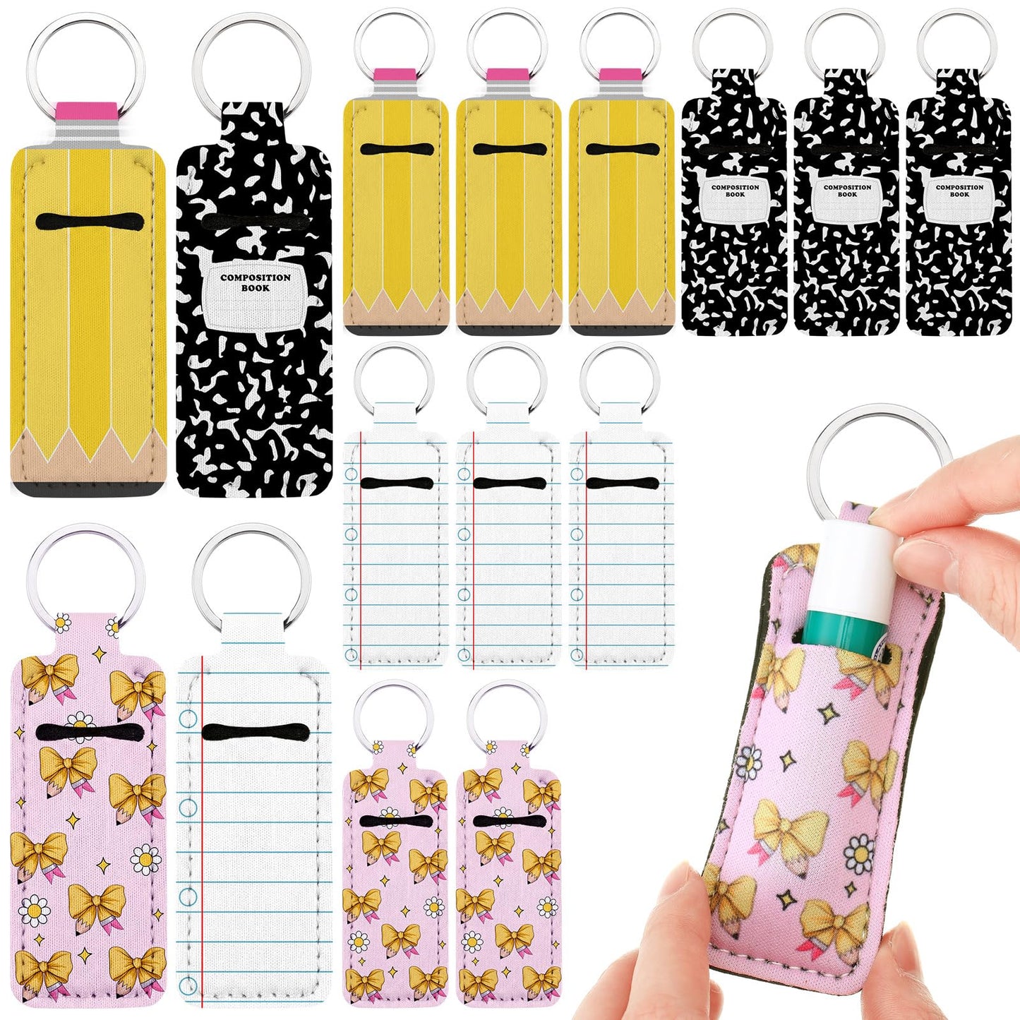 Kenning 12 Pcs Teacher Lipstick Holder Keychains Bulk Teacher Appreciation Gifts Portable Clip on Lip Gloss Sleeve Pouch Lipstick Holder Keychain Pocket Lip Balm Accessories Thank You Gifts for Women