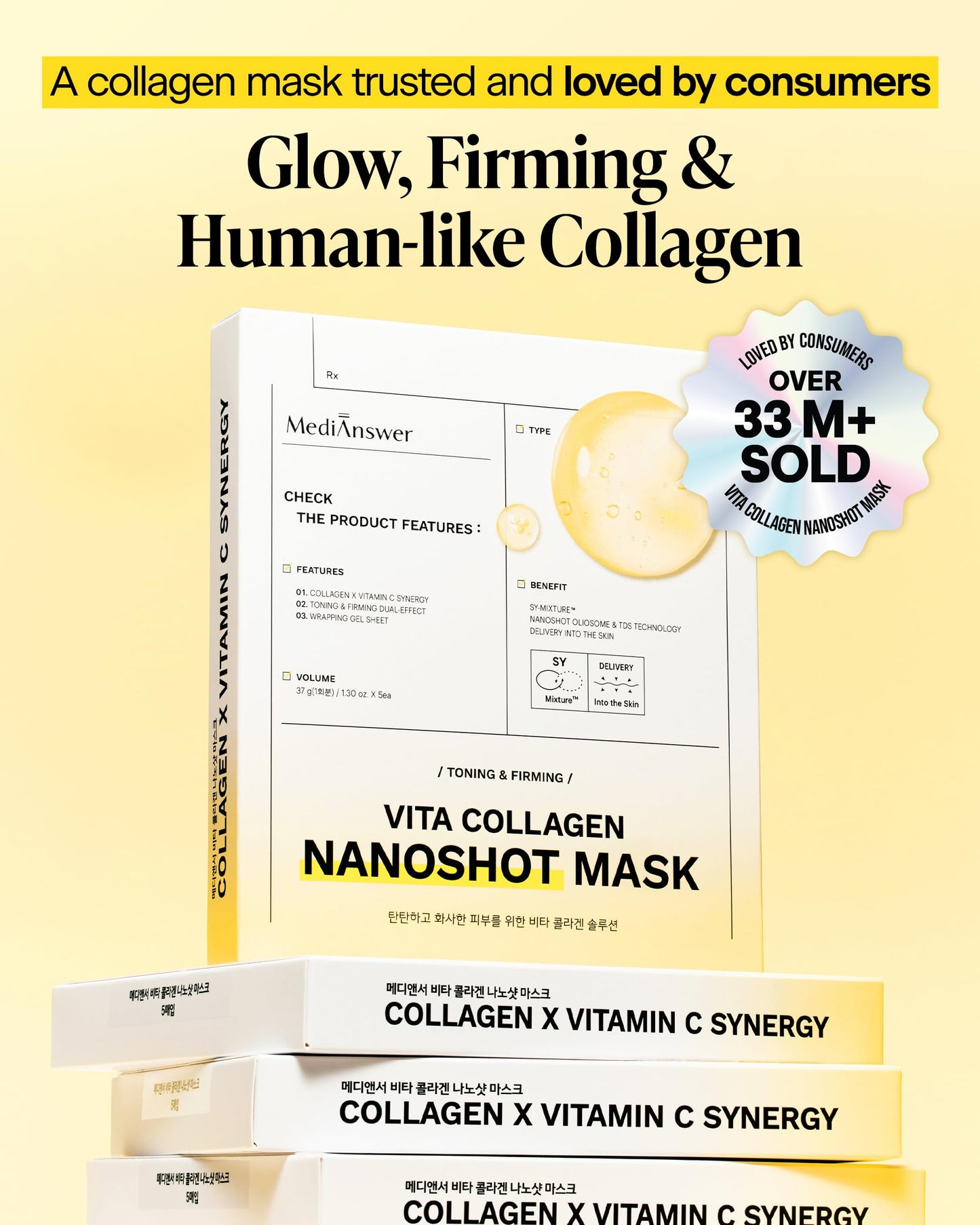 Medianswer Korean Collagen Hydrogel Mask, Turns Clear + Vitamin C, 5 Ct