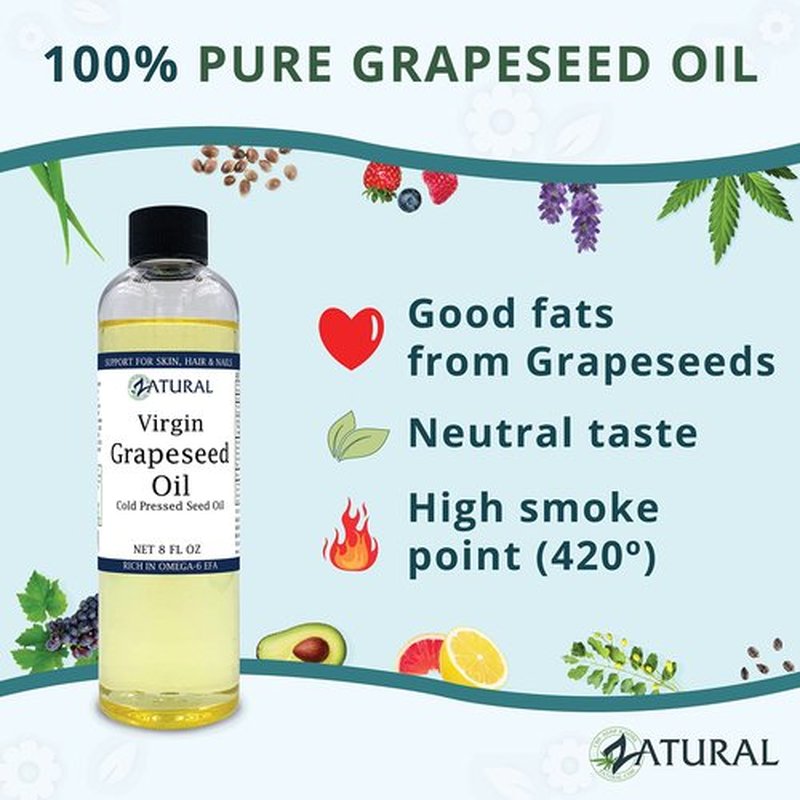 Zatural Grapeseed Oil Organically Grown 100% Pure Cold Pressed Virgin High Tempurature Cooking Oil (8oz)