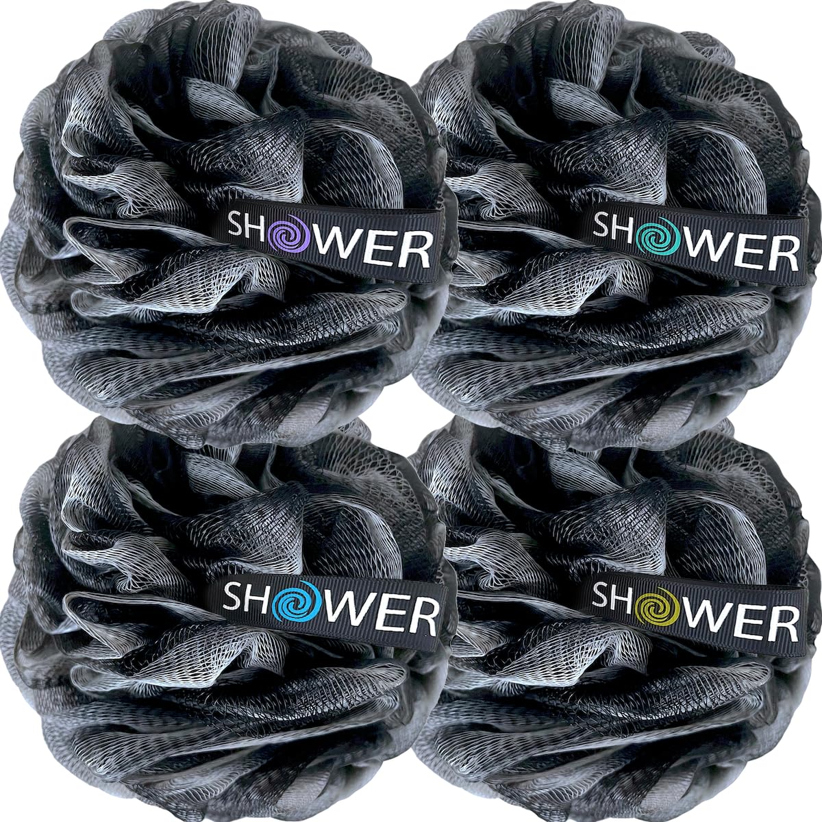 SHOWER BOUQUET Loofah-Charcoal Bath-Sponge-Color-Set XL-75g Extra Large 4 Pack, Soft Mesh Black Loufa Puff - Exfoliating Body Scrubber for Women and Men: Soothing Face & Body Exfoliator
