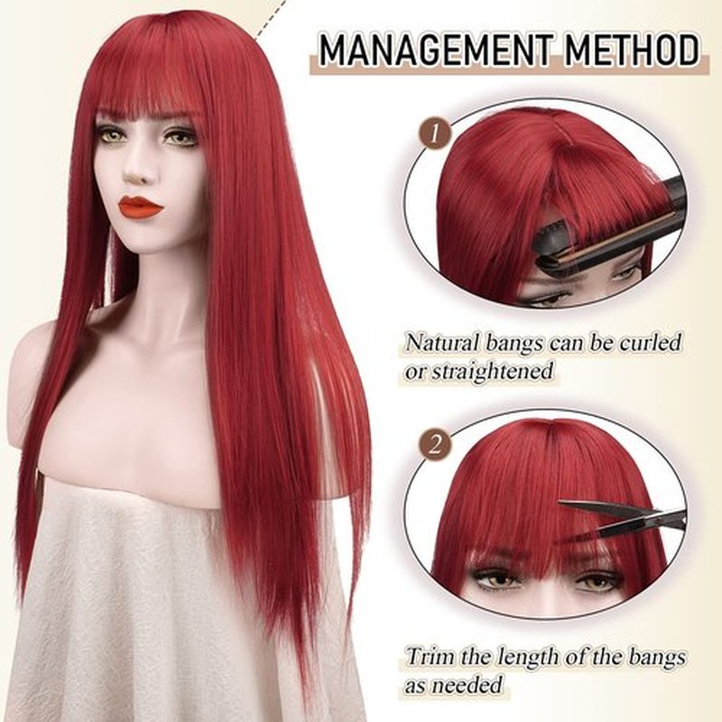 SOFEIYAN 26 inches Long Straight Wig with Bangs Red Synthetic Hair Replacement Wigs Heat Resistant Full Wig for Women Girls