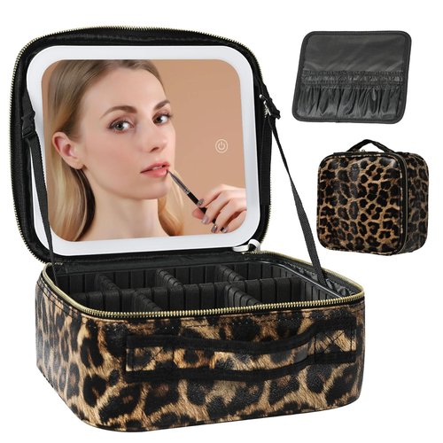 Travel Makeup Bag with LED Lighted Mirror, Cosmetic Makeup Organizer Bag with 3 Color Setting, Makeup Train Case with Adjustable Dividers for Women Makeup Brushes Jewelry Accessories (Leopard)