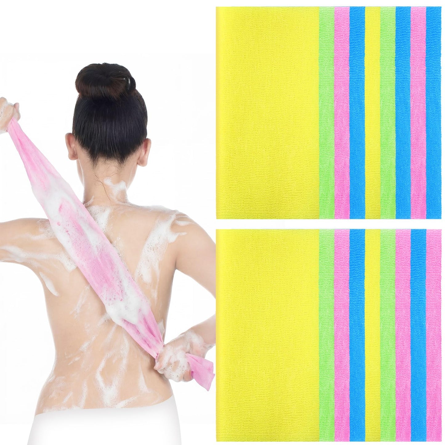 Tegeme 18 Pcs Exfoliating Washcloth Towel Japanese Nylon Bath Towel Colorful Body Scrubber Exfoliator Sponge Loofah Washcloth for Skin Shower Bath(Vibrant Colors,35.4 Inch)