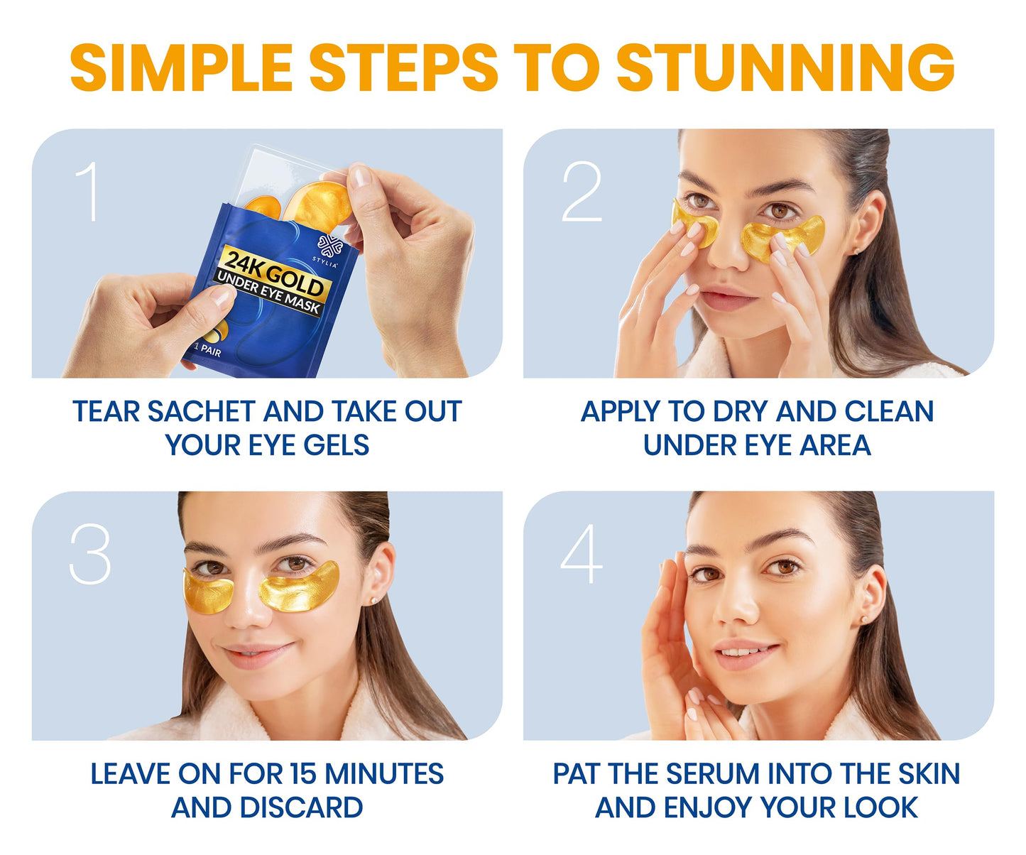 Stylia Under Eye Patches for Puffy Eyes and Dark Circles (30 Pairs) - 24k Gold Under Eye Mask with Vitamin C, Hyaluronic Acid, Pearl Extract - Eye Masks for Dark Circles and Puffiness