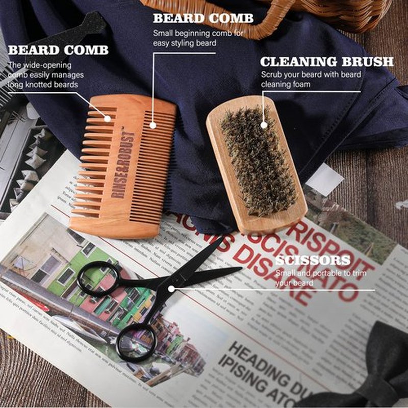 Rinse & Robust 8Pcs Beard Growth Kit for Men Beard Care Set with Traveling Bag Beard Grooming Wash & Beard Conditioner Kit Valentines Gift for Men Beard Trimmer, Brush,Comb, Traveling Bag