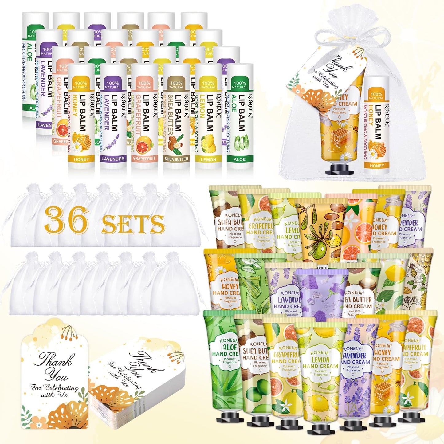 KONEUK 36 Pack Hand Cream Bulk and Lip Balm Bulk Sets, Party Favors, Thank You Gifts and Birthday Gifts with Thank You Card Organza Bags, Teacher Appreciation Gifts and Bridal Shower Favors