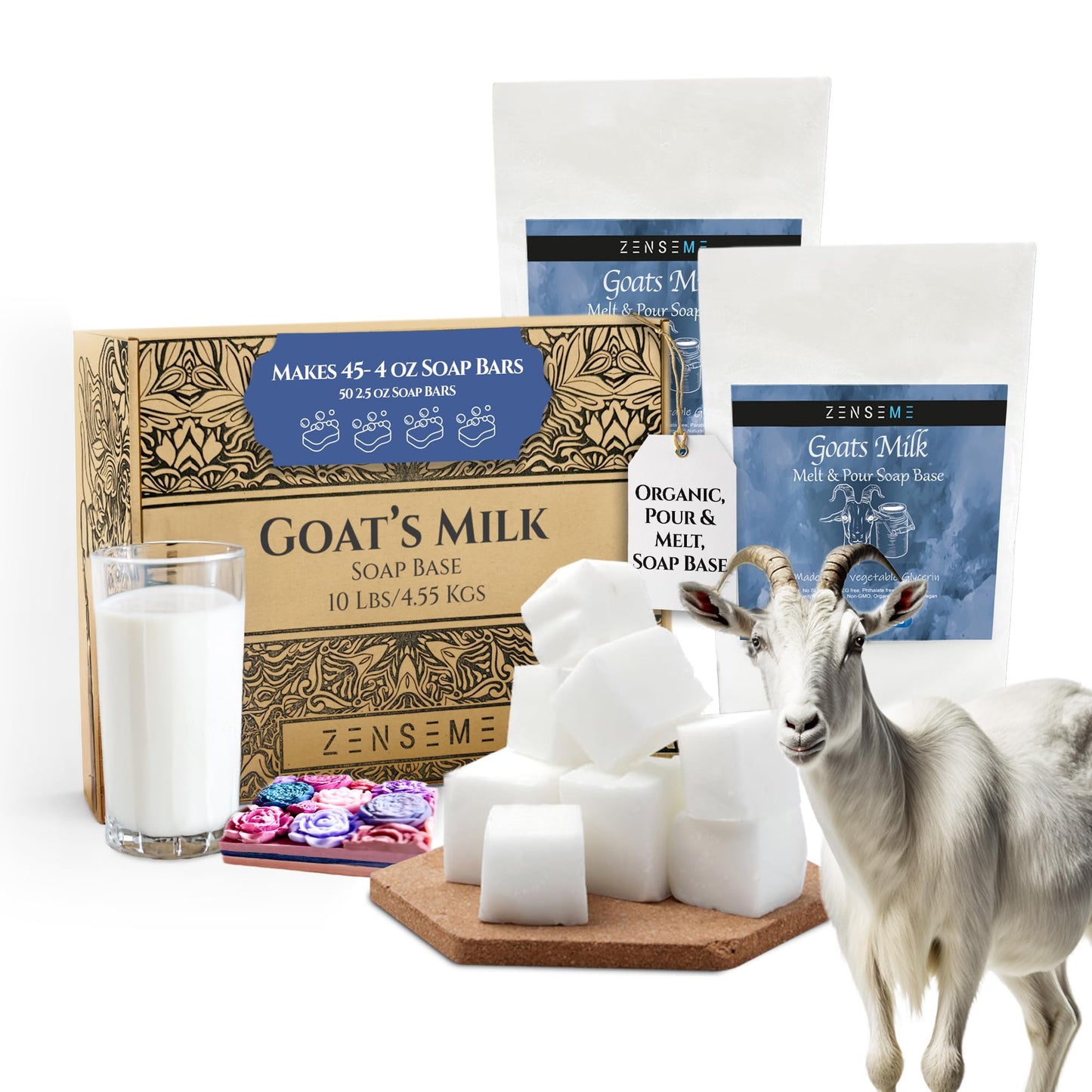 ZenseMe 10 LBS Goats Milk Soap Base | Melt and Pour Supplies Kit for Soap Making - SLS/SLES & PEG free | Gentle & Foamy Ingredients | Make Your Own Bulk For Adult Soapmaker - Easy to Cut