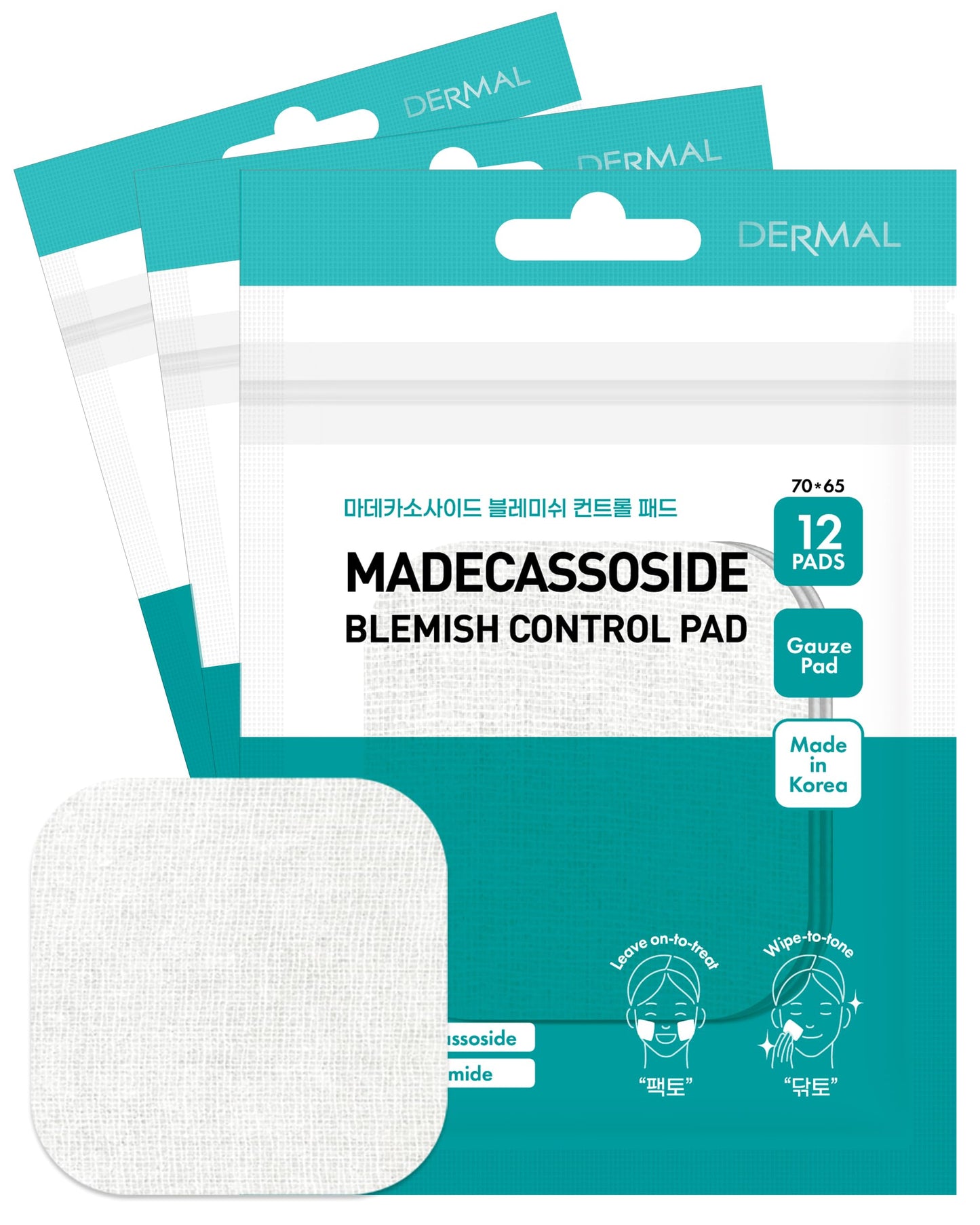 DERMAL Madecassoside Blemish Control Pad - Korean Toner Pad for Blemish & Tone Improvement with Centella Asiatica - Vegan Gauze Tencel Square Pads - Travel Kit 12 Pads, 3 Pack (Total 36 ea)
