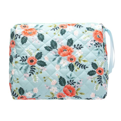 PAZIMIIK Cotton Makeup Bag for Women Large Quilted Travel Cosmetic Pouch Girls' Make Up Organizer,Flower Green