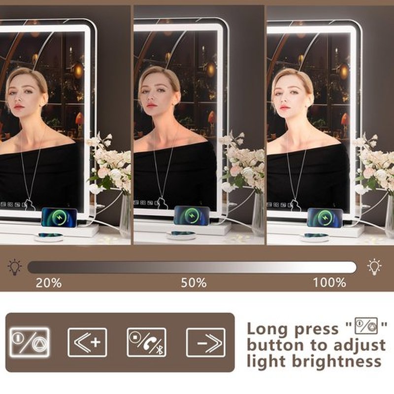 Hasipu Vanity Mirror with Lights and Bluetooth Speaker, 32" x 22" LED Makeup Mirror, Lighted Makeup Mirror with Dimmable 3 Modes, USB Charging Port, Round White