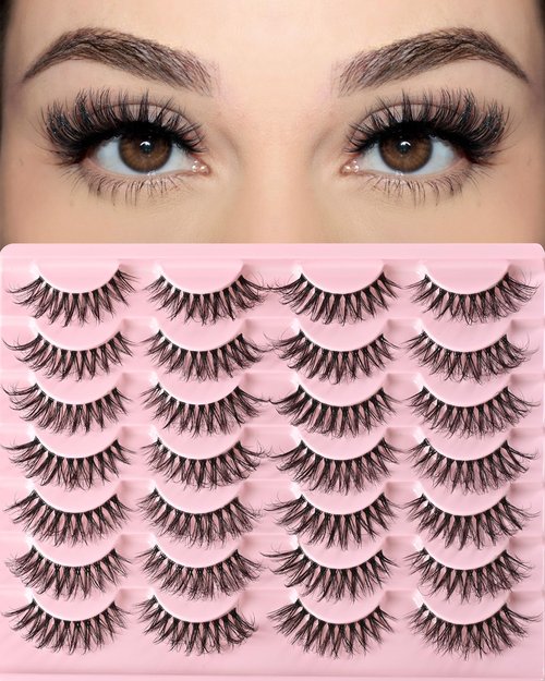 FARRED Clear Band Lashes 14 Pairs Natural Eyelashes Short Cat Eye Lashes Wispy Lashes Natural Look Fluffy False Eyelash Faux Mink Eye Lash Small Strip Pestañas Pack for Daily Makeup (F16 | 8-15 mm)