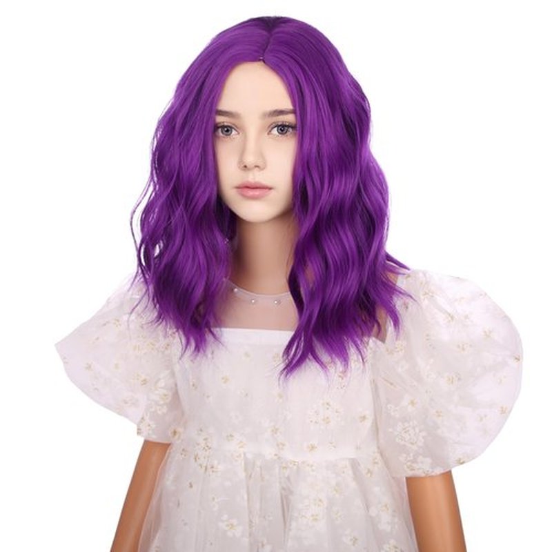DUDUWIG Kids Dark Purple Wig Girls Short Purple Side Part Wig Child Dark Purple Wavy Curly Wig for Dress Up Party Cosplay Synthetic Wigs Hairnet Include