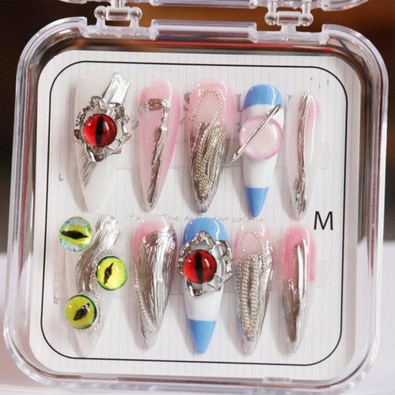 CAMILCY Handmade Nails Press on Almond Shaped Long Pointed Blue Pink Halloween Hand Painted Reusable Gel UV Finished Pre Shaped False Nails for Women 10Pcs 3D Handmade Nails(A006 L)