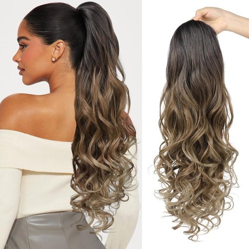 Behufun Ponytail Extension, Long Wavy Drawstring Ponytail 26" Clip in Hair Extensions Ponytail Fake Pony Tails Hair Extensions Natural Soft Heat Resistant Synthetic Blonde Hair with Dark Roots