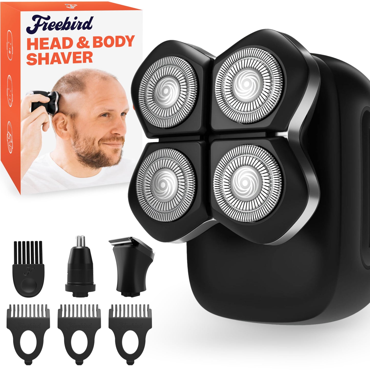 Freebird FlexSeries Pro Electric Head Shaver - Fast Smooth Head Shaver, Wet/Dry Shaving, Anti-Pinch, Rotary Electric Razor, USB Rechargeable, Cordless, 4 Flexible Blades, Ideal Gifts for Bald Men