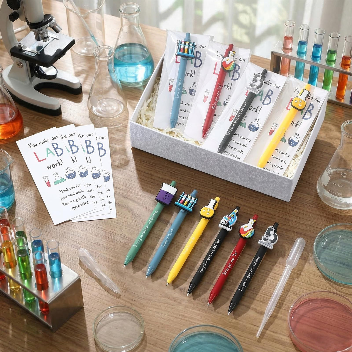 Gersoniel 12 Sets Lab Week 2026 Bulk Gifts Funny Pens with Thank You Cards for Medical Laboratory Scientist Appreciation Gifts 5 Styles Lab Supplies Accessories