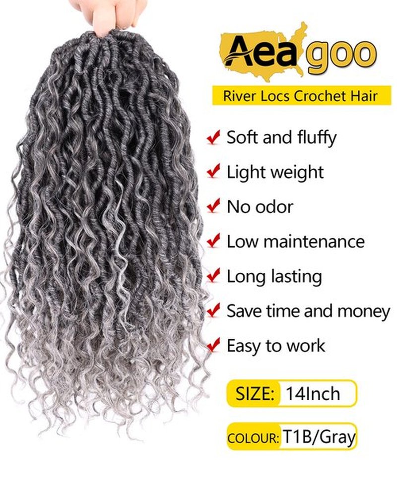 Goddess Faux Locs Crochet Hair 14 Inch 7 Packs Gray Crochet Goddess Locs Pre Looped Faux Locs Crochet Hair for Black Women River Locs Crochet Hair (14 Inch, 7 Packs, 1B/Grey)