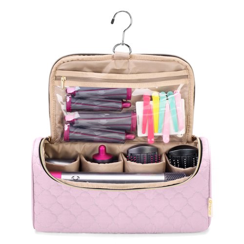 Yarwo Travel Case Compatible for Dyson Airwrap Complete Styler and Attachments, Portable Storage Bag with Hanging Hook for Hair Curler Accessories, Pink (Patent Design)