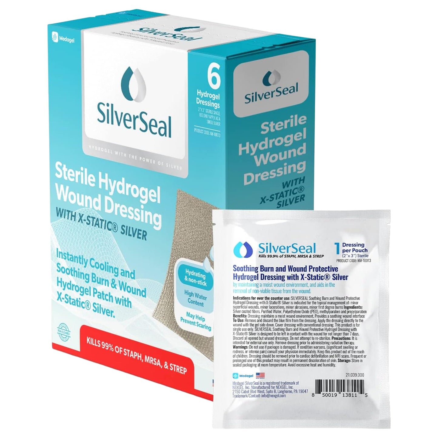 SilverSeal Burn & Wound Dressing - Moist Hydrogel Protection with X-Static Silver, Non Stick Dressings for Burns, Cuts & Wounds, Sterile Medical Grade Skin Care, 2"x3" Size, 6 Count