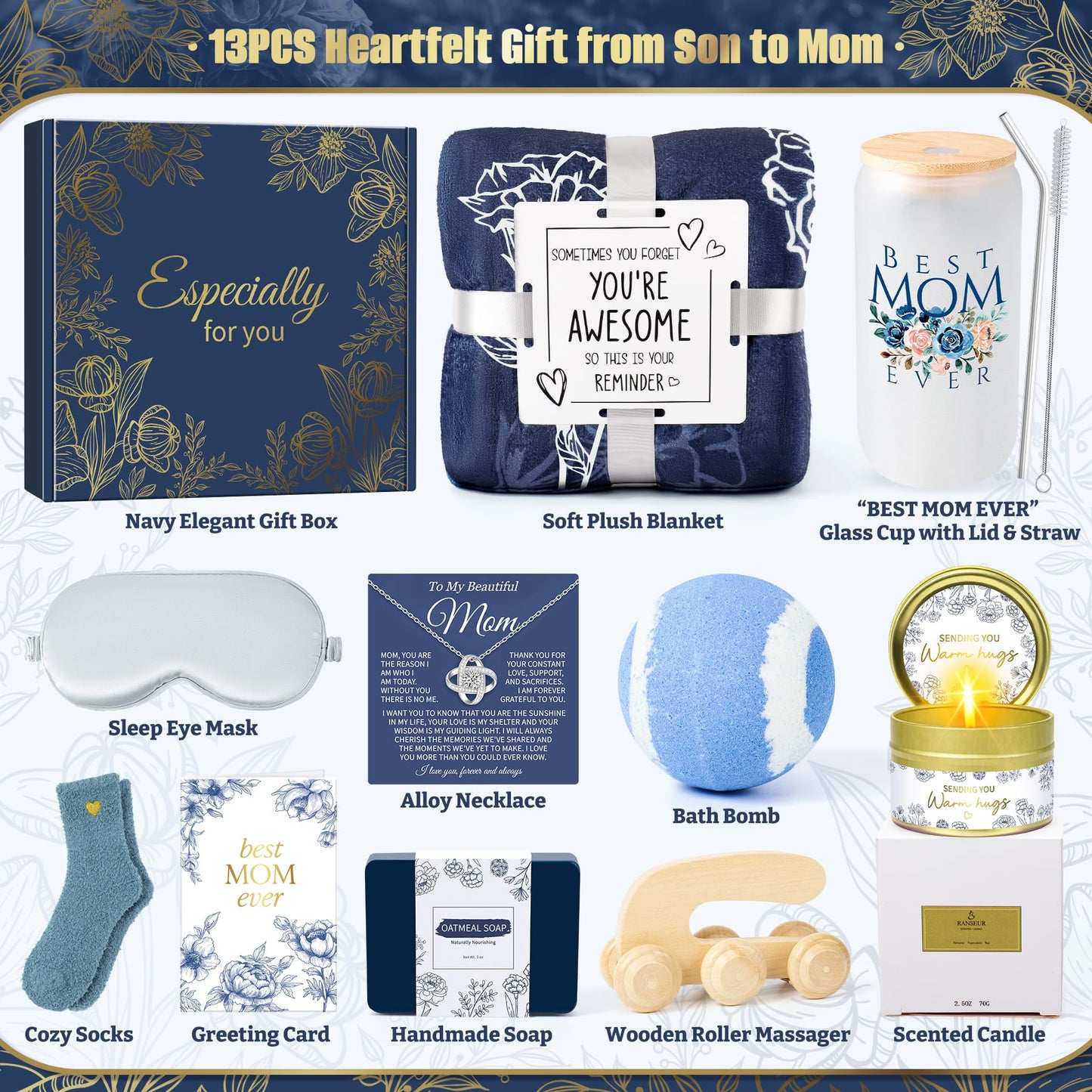 Birthday Gifts for Mom, 13PCS Mom Birthday Gifts from Daughter Son, Best Mom Ever Gift for Birthday, Valentines Day, Mothers Day, Christmas