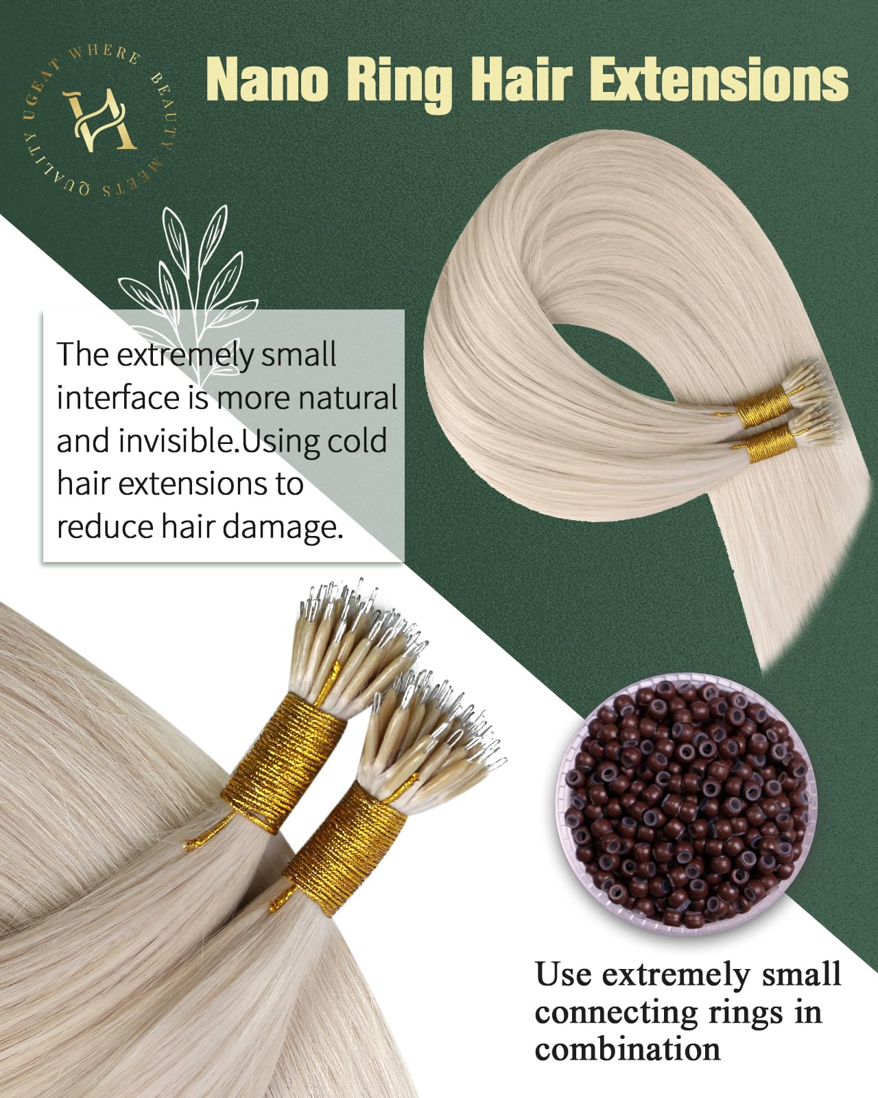 Ugeat Nano Hair Extensions Human Hair Platinum Blonde 14 inch Remy Nano Bead Hair Extensions Human Hair Blonde Nano Bead Hair Extensions Real Human Hair 50G 50S