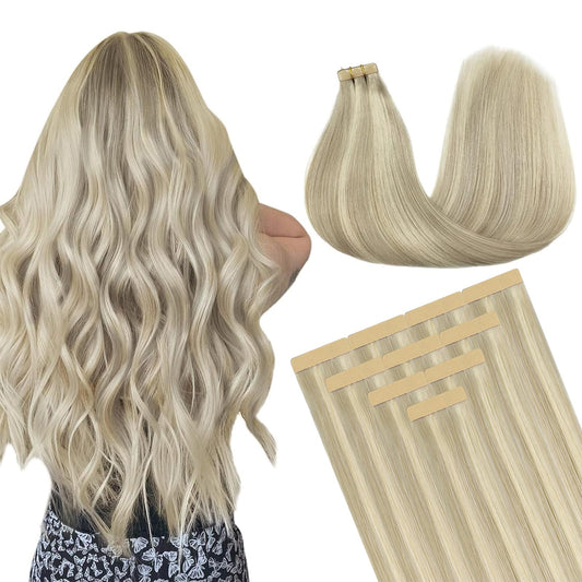 DOORES Hair Extensions Human Hair Tape in, Ash Blonde Highlighted Platinum Blonde 14 Inch 25g 10pcs, Tape in Human Hair Extensions Remy Straight Hair Double Side Tape