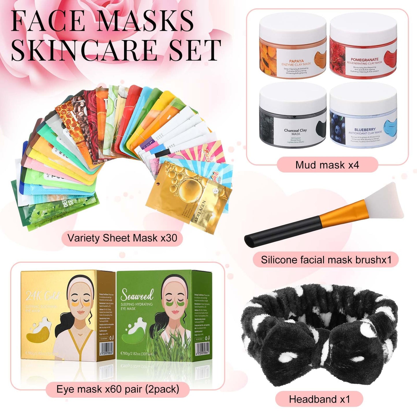 Viozakanry 96 Pcs Face Mask Set Hydrating Clean Suitable for Sensitive Skin, Including 30 Peel-off Facial Masks, 4 Clay Masks, 60 Pairs of Under-eye Patches, a Mask Brush, and a Face-washing Headband