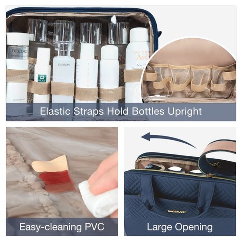 BAGSMART Large Toiletry Bag, Travel Makeup Organizer Water-resistant Makeup Cosmetic Bag Travel Bag for Accessories, Shampoo, Full Sized Container, Toiletries (Navy Blue, Large)
