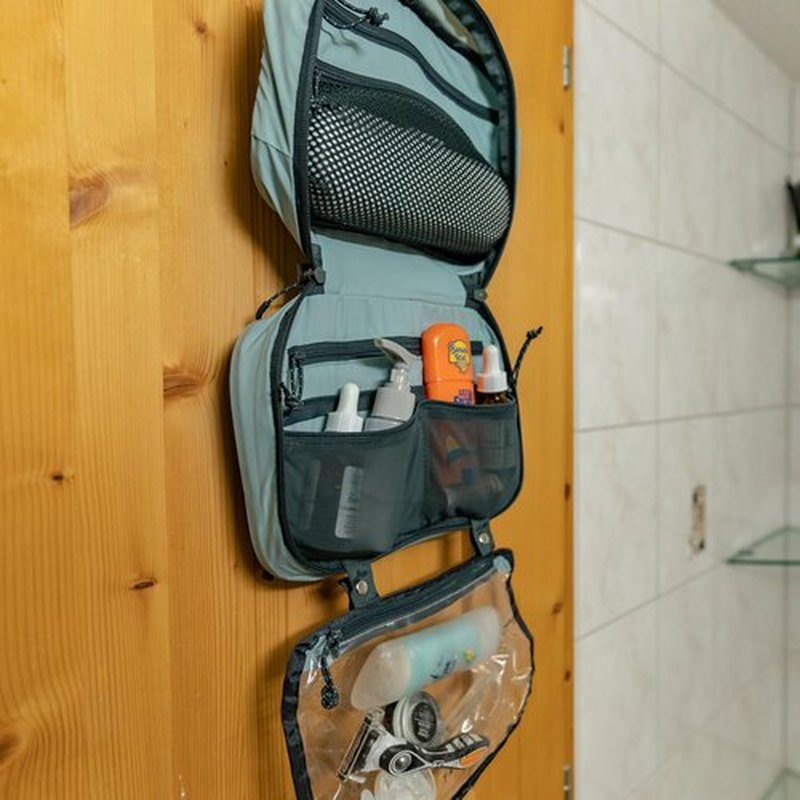 Toiletry Bag Kit Set: Hanging Travel Toiletry Bag + Makeup Bag with Brush Holder + Ultralight Accessory Organizer Pouch (Dusty Teal Makeup)