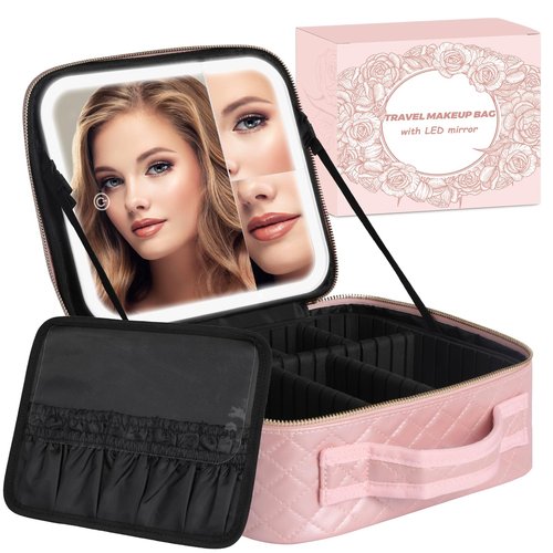 MAYFIY Makeup Bag with LED Mirror and Travel Makeup Train Case Cosmetic Organiser with 2X3X Magnifying Mirror and Separate Makeup Brush Panel, Portable Adjustable Divider Storage Bag, Pink