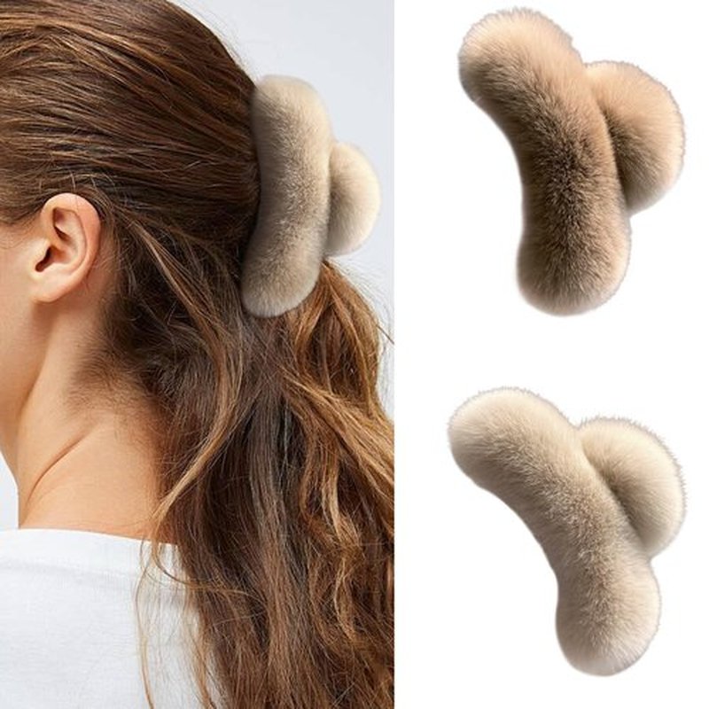 papasgix Hair Claw Clips for Women, Large Faux Fur Hair Claw Clip for Women, Large Hair Clips Winter Fluffy Plush Hair Claw Clips Hair Accessories (Camel+Milk Tea)