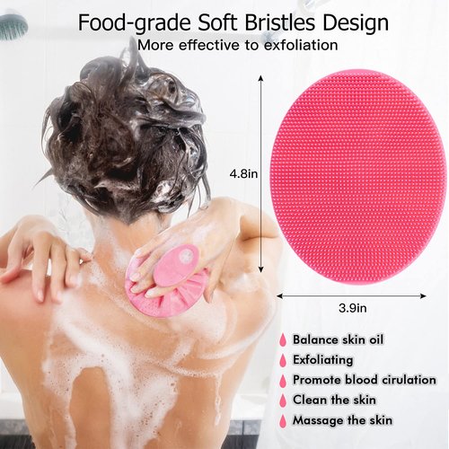 Soft Silicone Body Cleansing Brush Shower Scrubber, Gentle Exfoliating and Massage for All Kinds of Skin (Pink+Dark Green)
