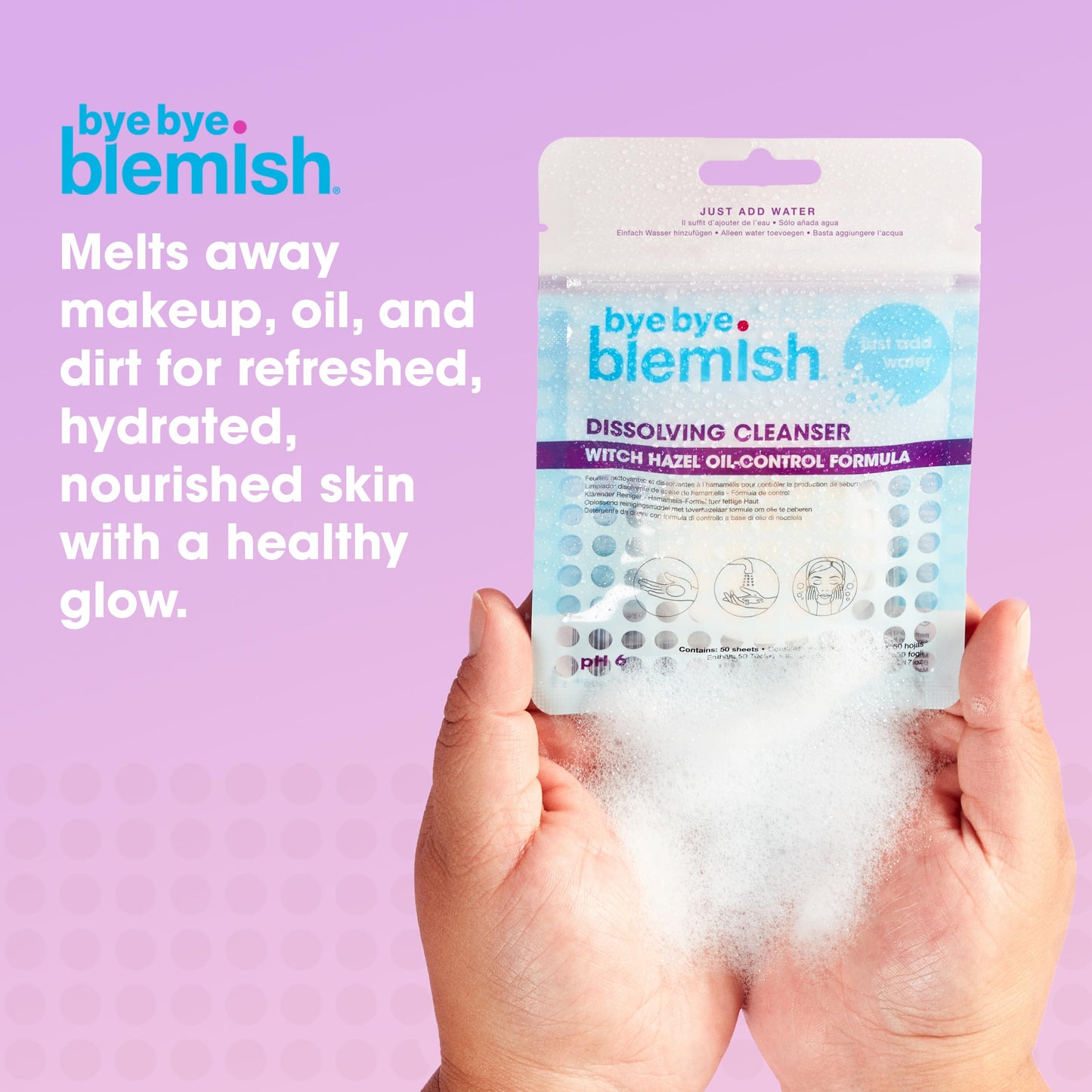 Bye Bye Blemish Dissolving Cleanser Sheets – Witch Hazel Oil-Control Face Wash, Water-Activated Facial Paper Soap for Acne-Prone Skin, Removes Dirt & Excess Oil, 50 pcs