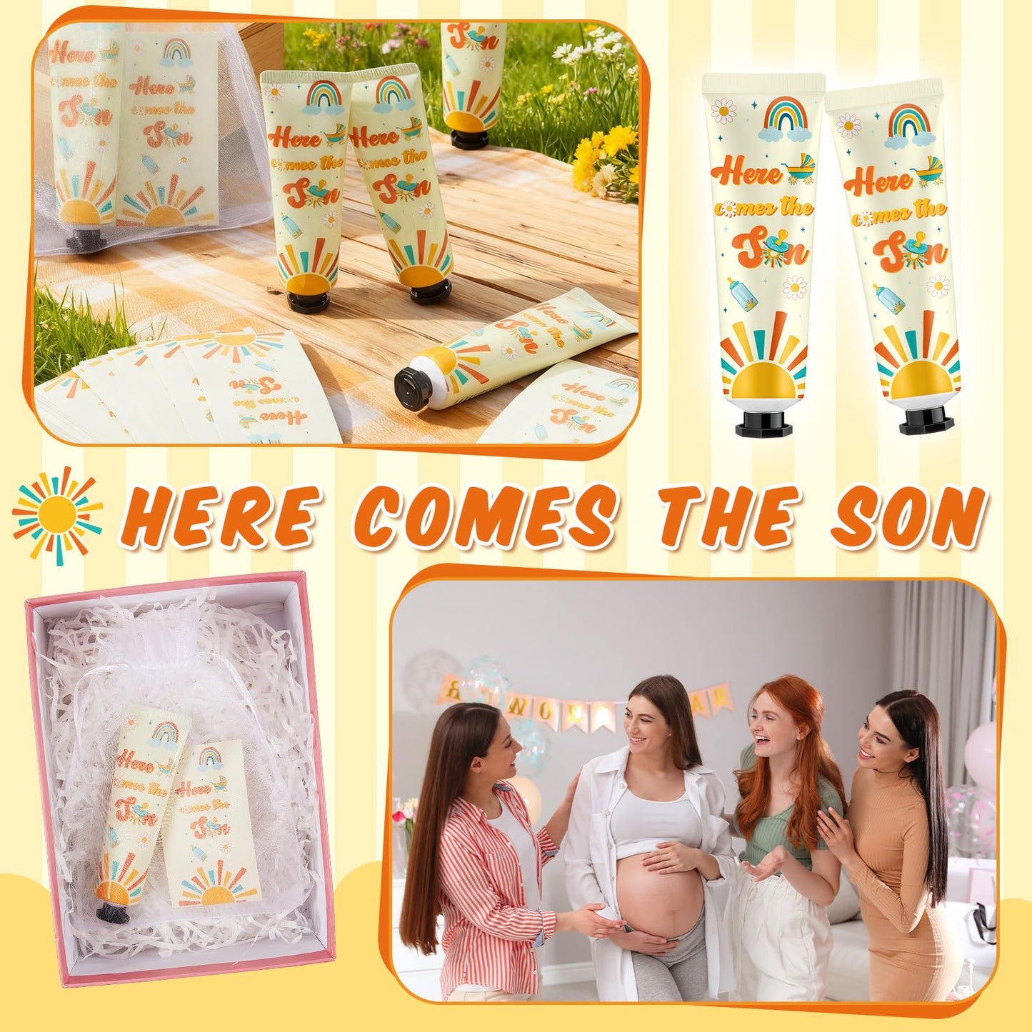 Swiffen 24 Sets Here Comes The Son Baby Shower Hand Cream Bulk Sunshine Baby Shower Favors Hand Cream for Guests Travel Size Lotion with Organza Bags
