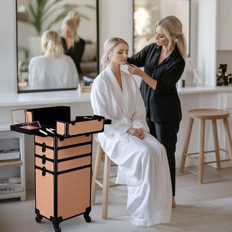 BYOOTIQUE Rolling Makeup Train Case 4in1 Cosmetic Trolley Organizer Travel Case Lockable Salon Barber Case with Wheels for Makeup Artist Trave Nail,Rococo Coral