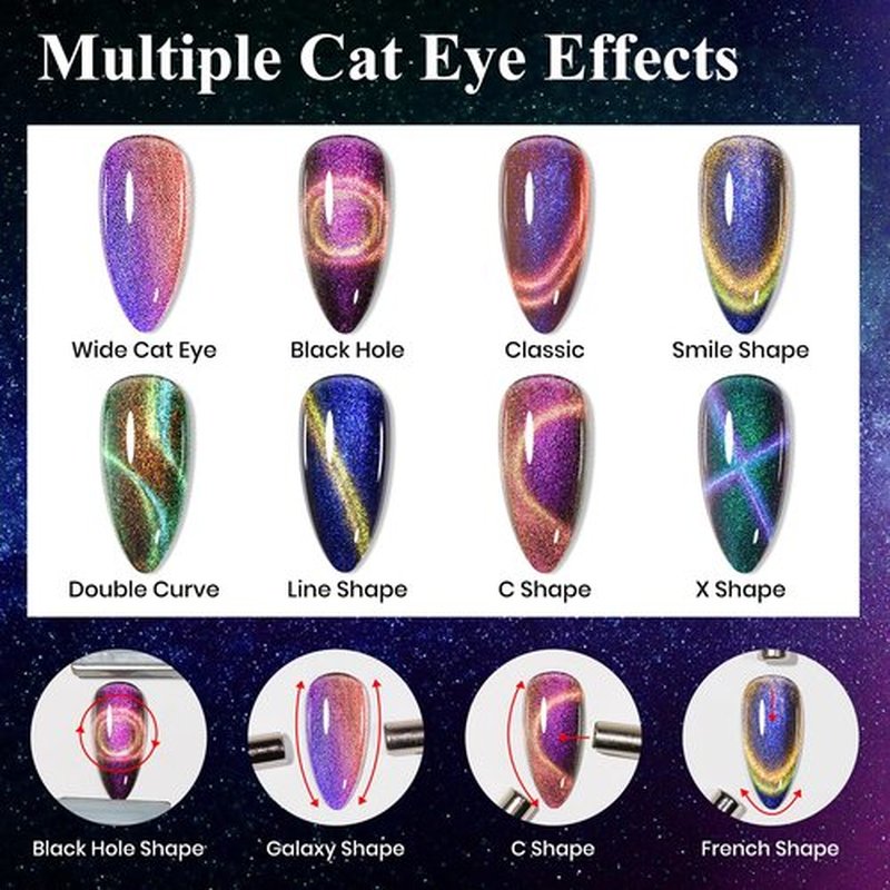 MIZHSE 9D Cat Eye Gel Nail Polish Set, Magnetic Gel Polish 10ml 6 Colors with 2 Magnet Sticks, Chameleon Galaxy Shiny Magic Effect Cateye Nail Gel Soak off Nail Art Gift for Women