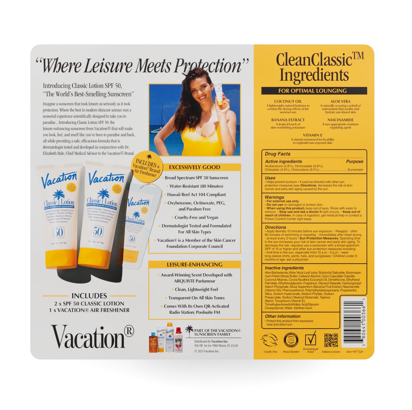 Vacation Classic SPF 50 Sunscreen Lotion and Air Freshener Bundle, 6 Fluid Ounces, Pack of 2 - Invisible, No White Cast, Water-Resistant, Dermatologist-Tested, Vegan