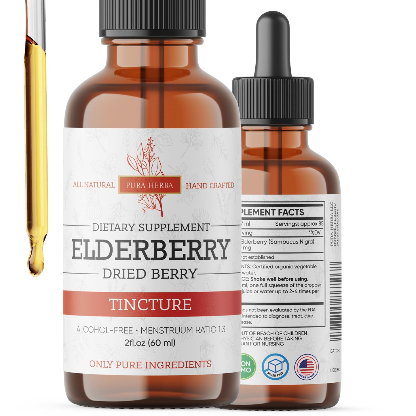 Pura Herba Elderberry Tincture – Organic Elderberry Extract Liquid Drops – Sambucus Herbal Supplement – Immune Support – Elderflower & Elderberry Blend – Alcohol-Free, 2 fl oz